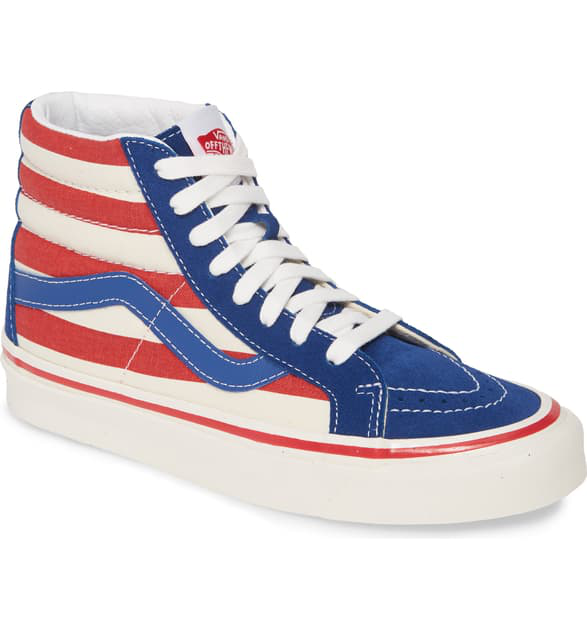 red white and blue high top vans 