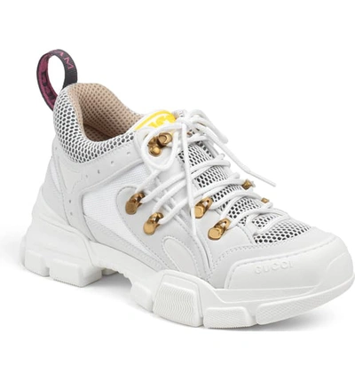 Shop Gucci Flashtrek Spike Sneaker In White/ Gold