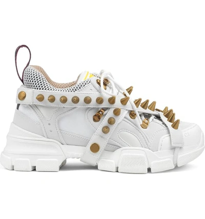 Shop Gucci Flashtrek Spike Sneaker In White/ Gold