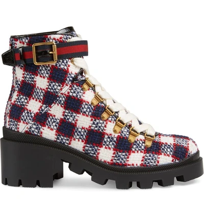 Shop Gucci Trip Lug Sole Combat Boot In Black Plaid