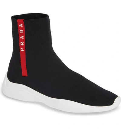 Shop Prada Logo Band Sock Sneaker In Black