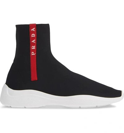 Shop Prada Logo Band Sock Sneaker In Black