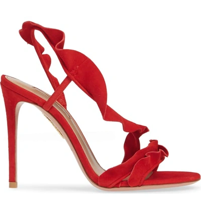 Shop Aquazzura Asymmetrical Ruffle Sandal In Lipstick Suede