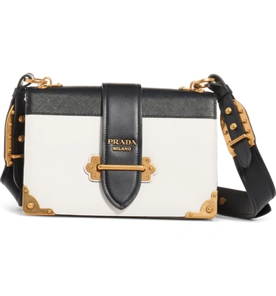 Shop Prada Large Cahier Leather Crossbody Bag - White In Bianco/ Nero