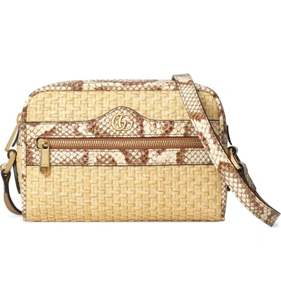 Shop Gucci Genuine Snakeskin & Straw Crossbody Bag In Natural/ Cream Brown