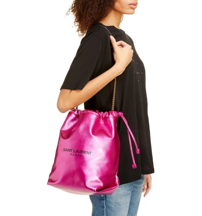 Shop Saint Laurent Teddy Metallic Leather Bucket Bag In Fushia/ Noir