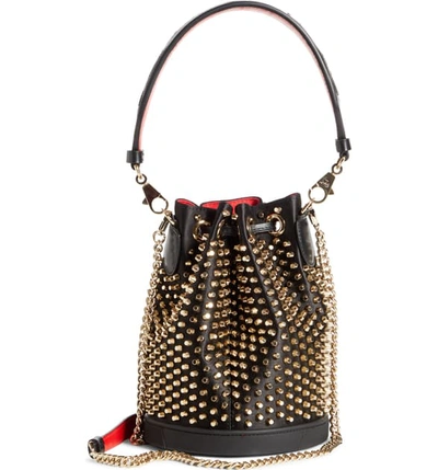 Shop Christian Louboutin Marie Jane Loubirun Studded Logo Bucket Bag In Black/ Gold/ Platine