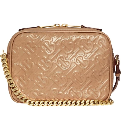 Shop Burberry Small Monogram Leather Camera Bag In Honey