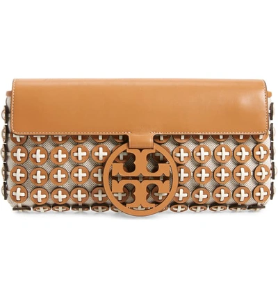 Shop Tory Burch Miller Leather Chainmail Clutch - Brown In Camello / New Ivory