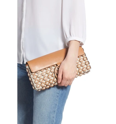 Shop Tory Burch Miller Leather Chainmail Clutch - Brown In Camello / New Ivory