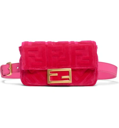 Shop Fendi Logo Velvet Belt Bag In Fuxia/ Oro Vibrato