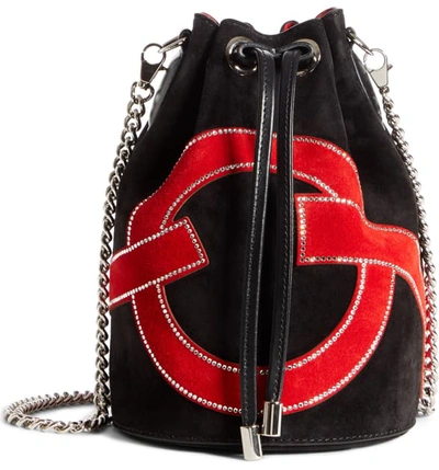 Shop Christian Louboutin Marie Jane Love Suede Bucket Bag - Black In Black/ Red/ Crystal