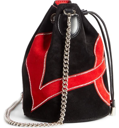 Shop Christian Louboutin Marie Jane Love Suede Bucket Bag - Black In Black/ Red/ Crystal