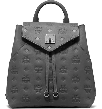 Shop Mcm Essential Monogram Leather Small Backpack In Charcoal