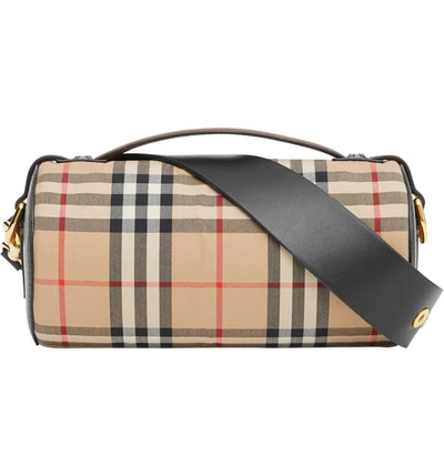 Shop Burberry Vintage Check & Leather Barrel Bag In Archive Beige/ Black