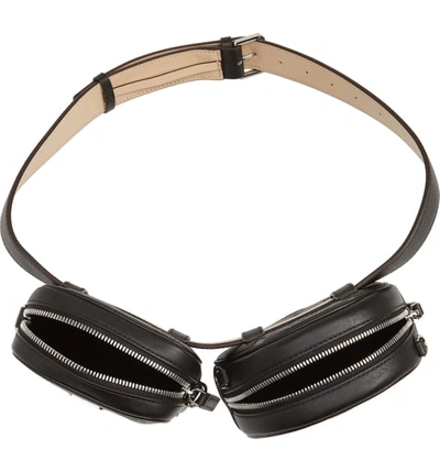 Shop Mcm Essential Monogram Leather Double Belt Bag - Black
