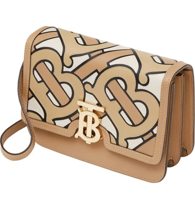 Shop Burberry Tb Pieced Monogram Leather Shoulder Bag In Beige