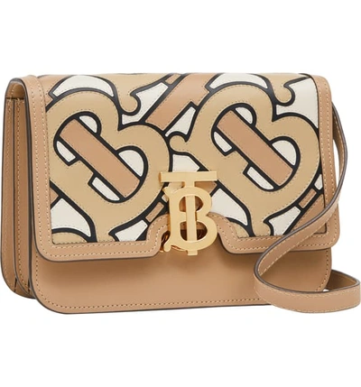 Shop Burberry Tb Pieced Monogram Leather Shoulder Bag In Beige