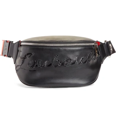 Shop Christian Louboutin Marie Jane Sequin Logo Leather Belt Bag In Black/ Black