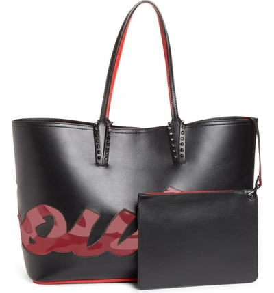 Shop Christian Louboutin Cabata Paris Logo Calfskin Leather Tote In Black/ Transparent