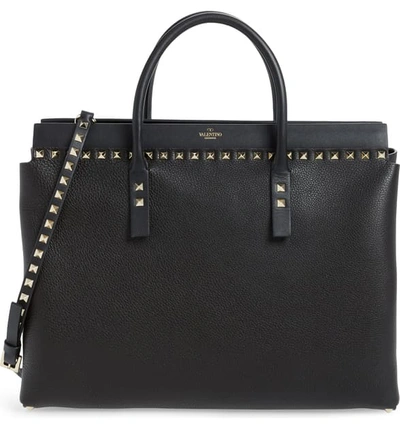 Shop Valentino Medium Rockstud Double Handle Leather Satchel - Black In Nero