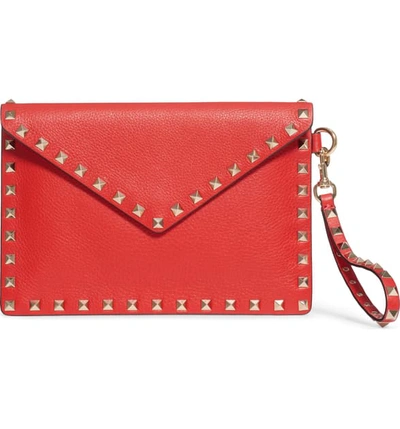 Shop Valentino Medium Rockstud Leather Envelope Pouch In Rouge Pur