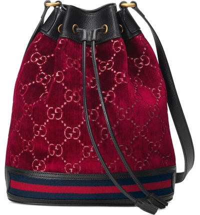 Shop Gucci Gg Velvet Bucket Bag In Red Cipria/ Nero/ Blue Red