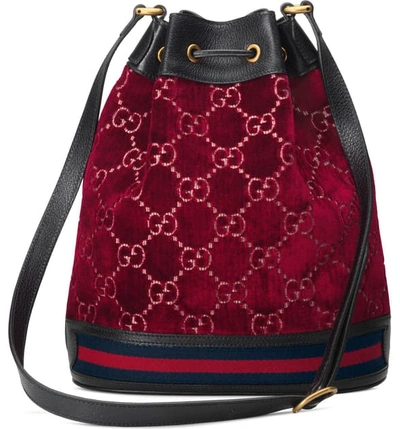 Shop Gucci Gg Velvet Bucket Bag In Red Cipria/ Nero/ Blue Red