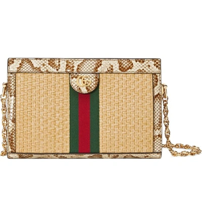 Shop Gucci Genuine Snakeskin & Straw Shoulder Bag In Natural/ Cream Brown/ Vert Red