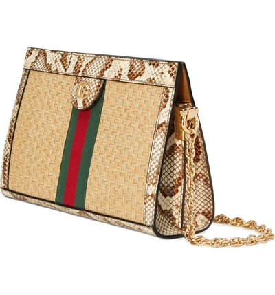 Shop Gucci Genuine Snakeskin & Straw Shoulder Bag In Natural/ Cream Brown/ Vert Red