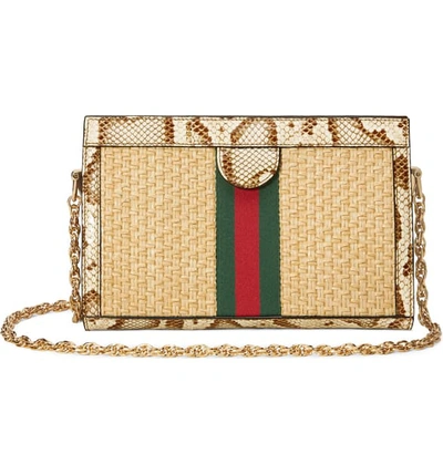 Shop Gucci Genuine Snakeskin & Straw Shoulder Bag In Natural/ Cream Brown/ Vert Red