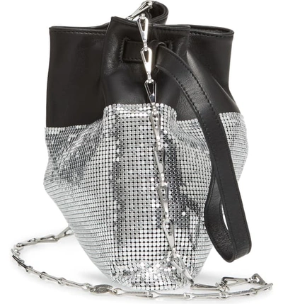 Shop Paco Rabanne Metallic Mesh & Leather Bucket Bag - Metallic In Silver/ Black
