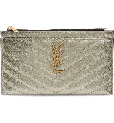 Shop Saint Laurent Monogram Metallic Leather Pouch In Brun Metalasse