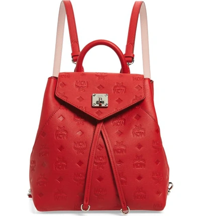 Shop Mcm Essential Monogram Leather Small Backpack - Green In Viva Red