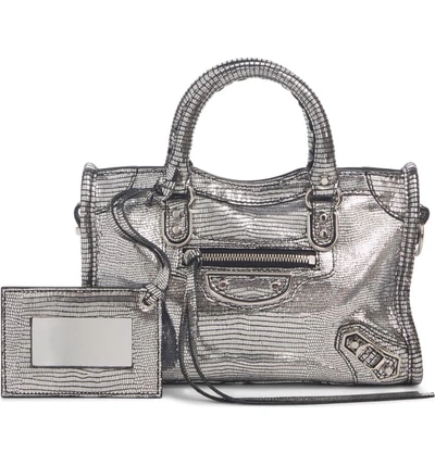 Shop Balenciaga Nano City Aj Lizard Embossed Leather Tote - Metallic In Silver