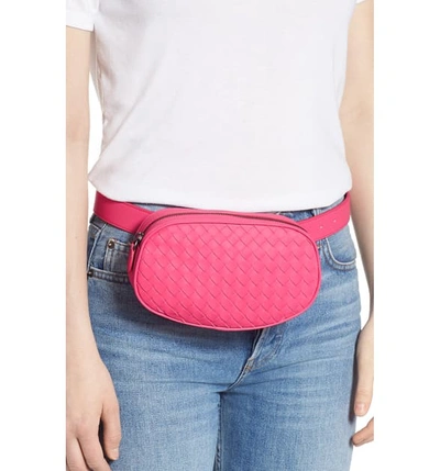 Shop Bottega Veneta Intrecciato Woven Leather Belt Bag - Pink In Neon/ Neon