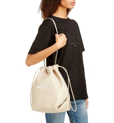 Shop Saint Laurent Teddy Leather Bucket Bag - Beige In Soft Grege