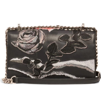 Shop Alexander Mcqueen Embroidered Knuckle Ring Leather Crossbody Bag - Black In Black Multi