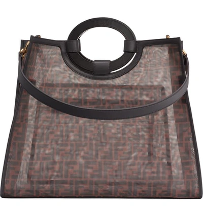 Shop Fendi Medium Runaway Printed Logo Mesh Shopper In Mare/ Nero/ Ebano