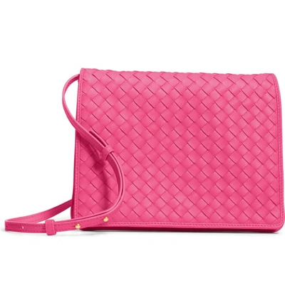 Shop Bottega Veneta Intrecciato Leather Crossbody Flap Bag - Pink In Neon/ Neon/ Gold
