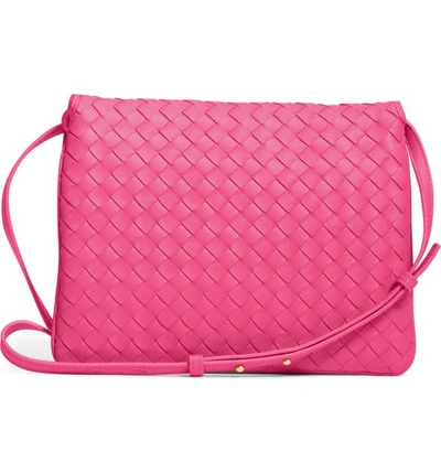 Shop Bottega Veneta Intrecciato Leather Crossbody Flap Bag - Pink In Neon/ Neon/ Gold