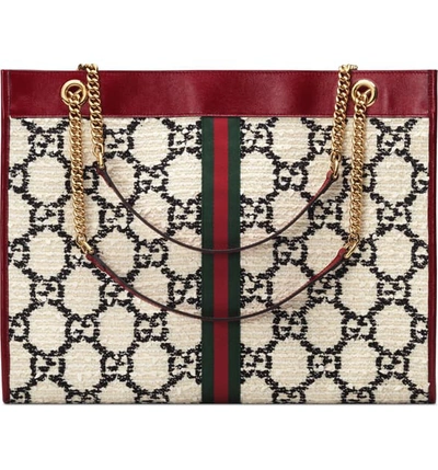 Shop Gucci Largegg Tweed Tote In Nat Blck/ Rm Cerise/ Vert Red