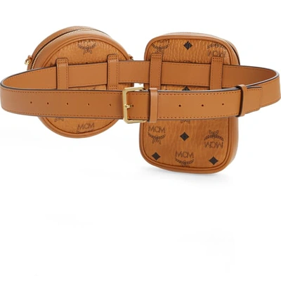 Shop Mcm Essential Visetos Original Double Belt Bag - Brown In Cognac