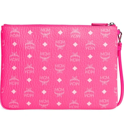 Shop Mcm Medium Visetos Original Neon Coated Canvas Pouch In Neon Pink