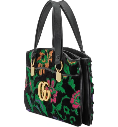 Shop Gucci Mediumfloral Chenille Jacquard Top Handle Bag In Green/ Black Multi