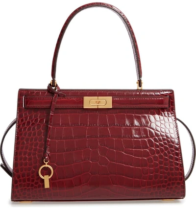 Shop Tory Burch Small Lee Radziwill Croc Embossed Leather Satchel - Red In Claret