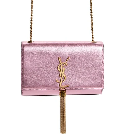 Shop Saint Laurent Small Kate Metallic Leather Crossbody Bag In Vegas Pink