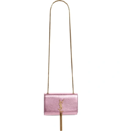 Shop Saint Laurent Small Kate Metallic Leather Crossbody Bag In Vegas Pink