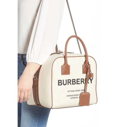 Shop Burberry Medium Cube Horseferry Print Canvas Satchel In Natural/ Malt Brown