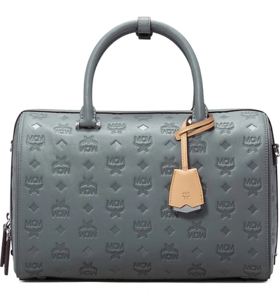 Mcm Boston Essential Monogrammed Leather Satchel In Charcoal